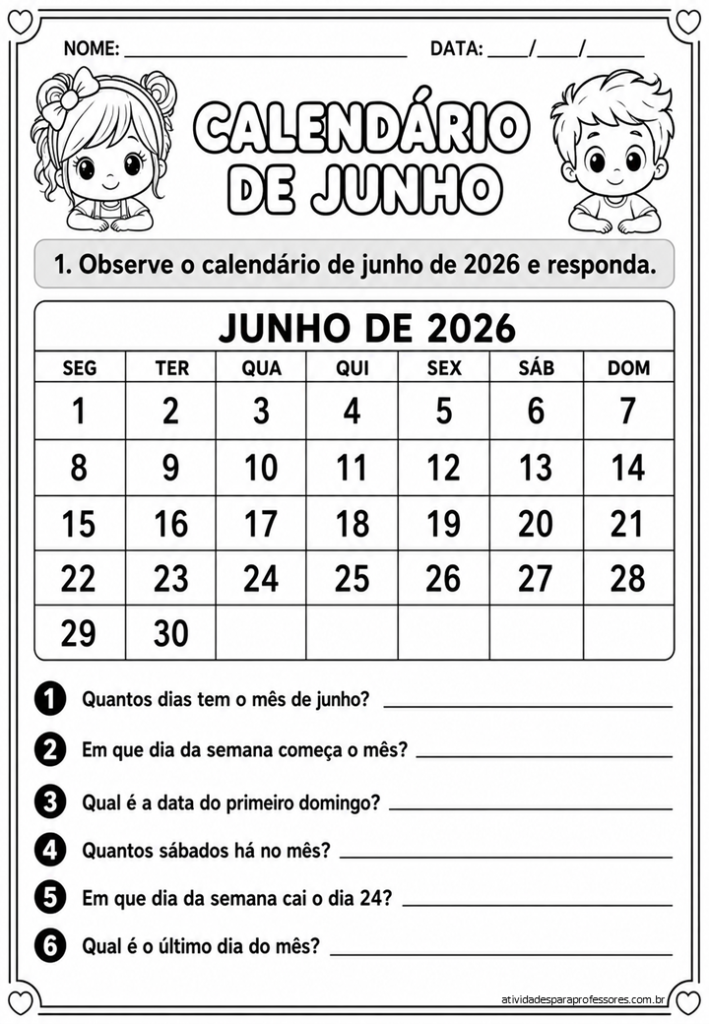 Calendário de Junho gratuito - atividadespara professores.com.br