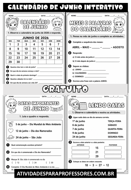 Calendário Interativo de Junho gratuito no blog Calendário de Junho gratuito - atividadespara professores.com.br